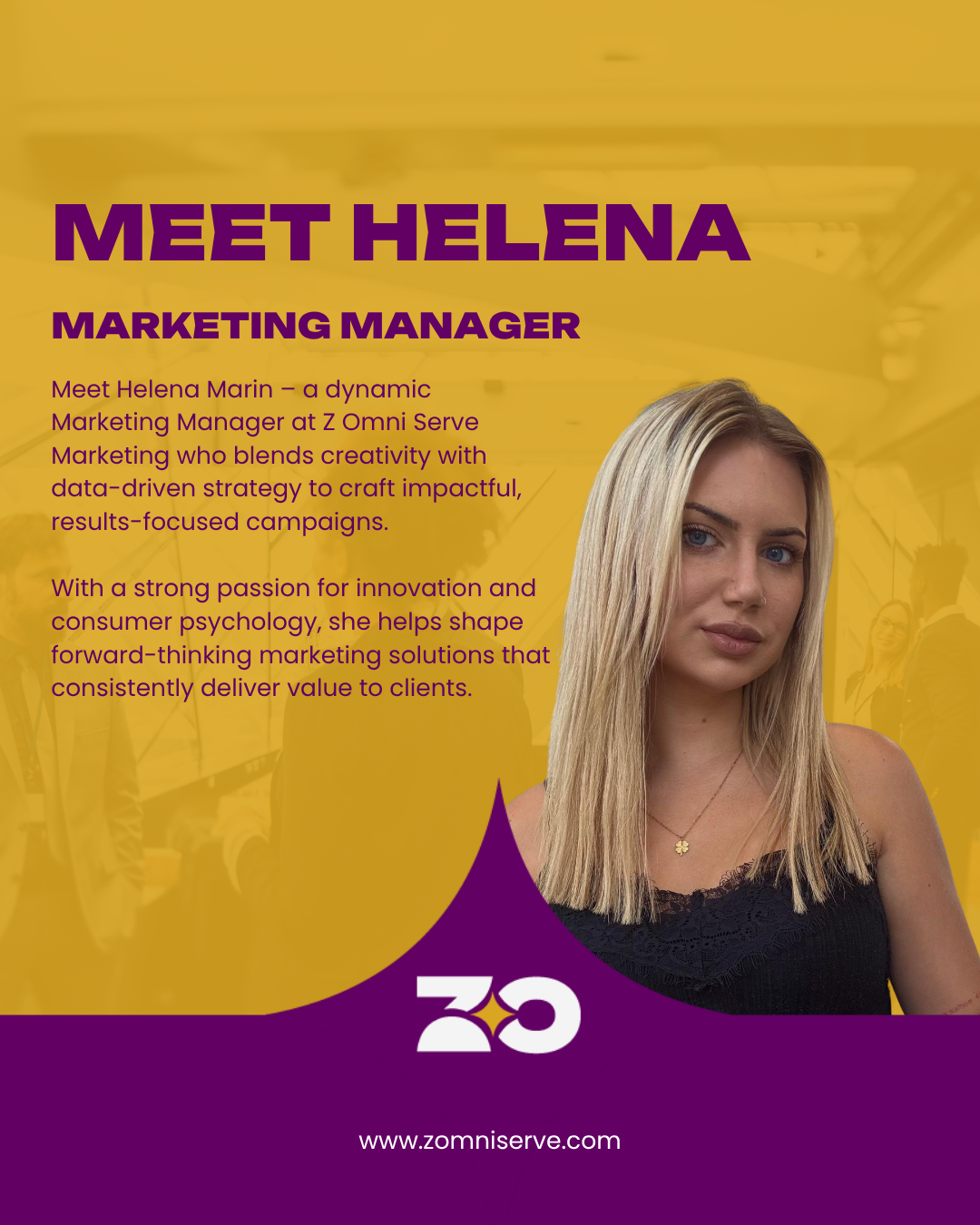 Helena Marin, Marketing Manager at Z Omni Serve Marketing, smiling in a collaborative office setting