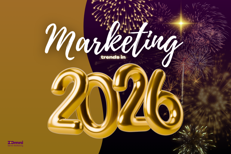 Illustration showing modern digital marketing trends in 2026 including video content, social media, SEO, and audience engagement